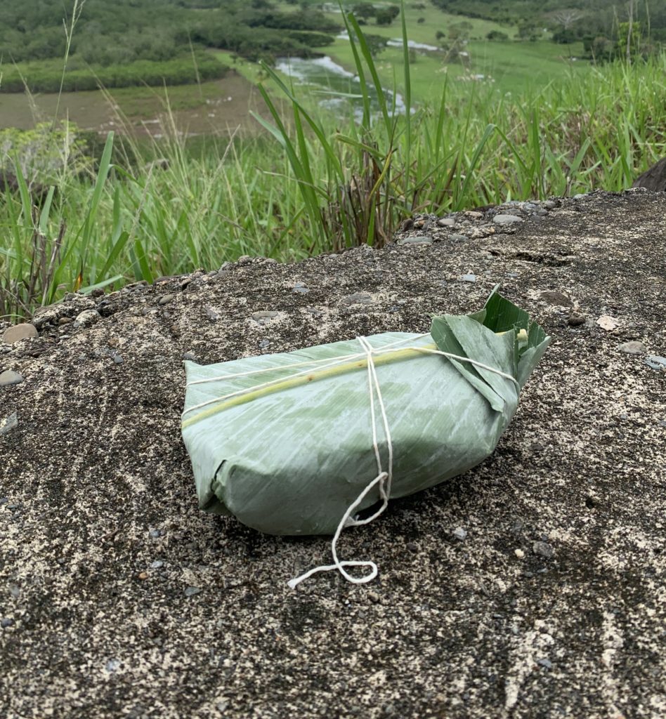Food wrapped in palm leaf for takeaway. Traditional Panamanian lunch called El Mono